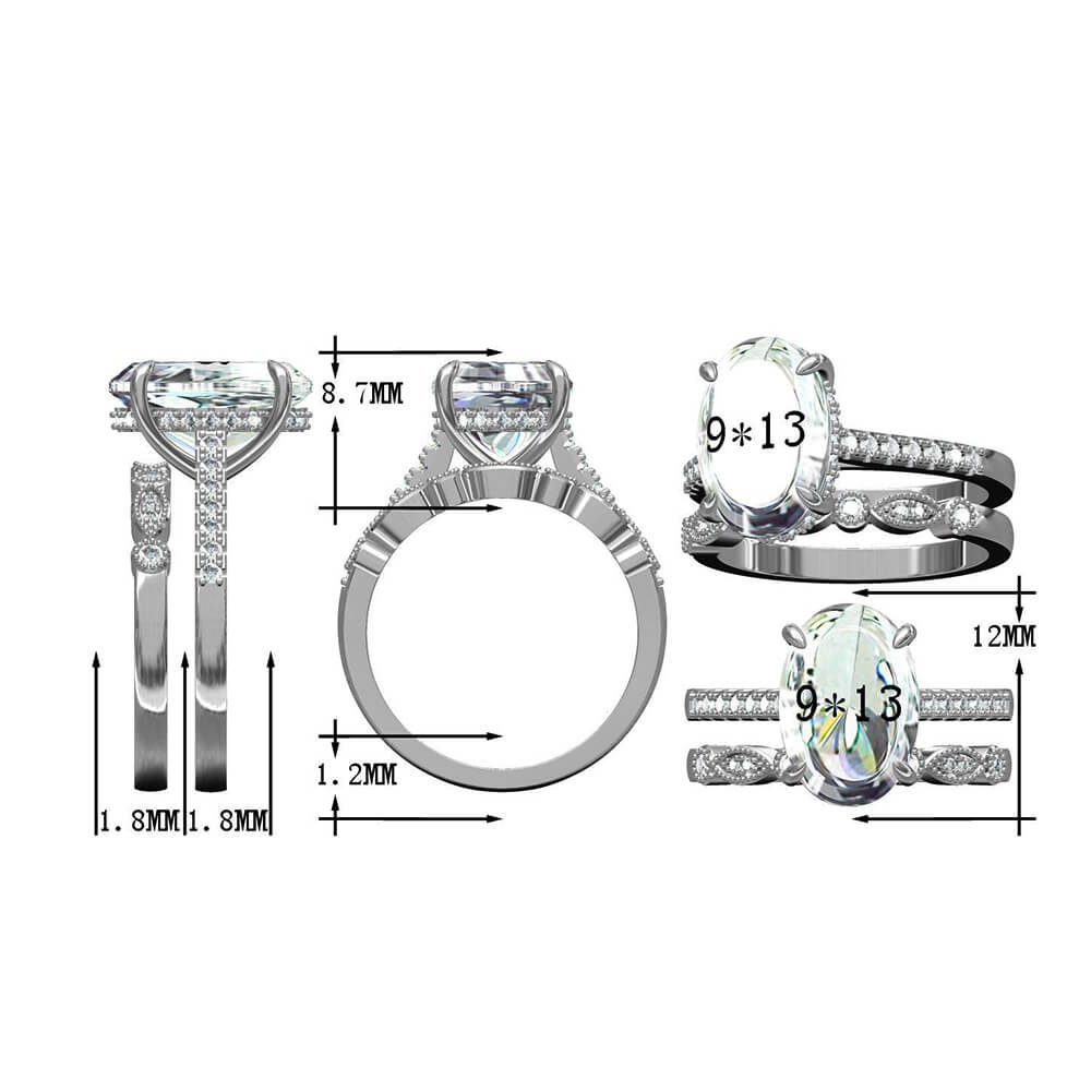 Oval White Sapphire Bridal Pave Sterling Silver Ring Set - ReadYourHeart