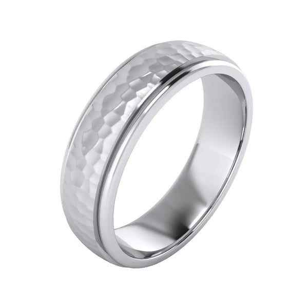 Hammered Texture Wedding Band Ring Polished Step In Sterling Silver