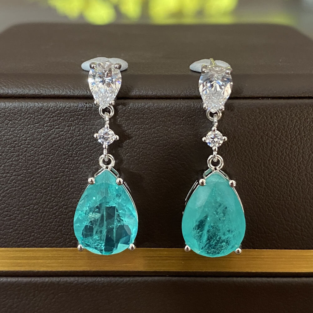 Pear Cut Paraiba Tourmaline Sterling Silver Drop Earrings - ReadYourHeart