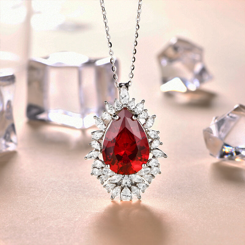 Pear Cut Ruby Cluster Sterling Silver Necklace - ReadYourHeart