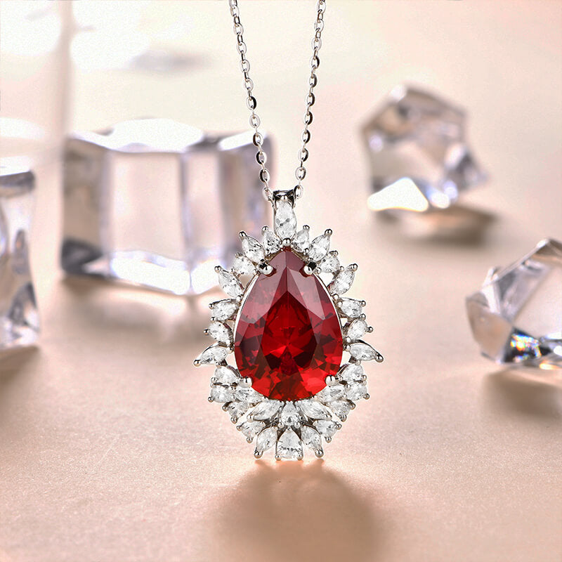 Pear Cut Ruby Cluster Sterling Silver Necklace - ReadYourHeart