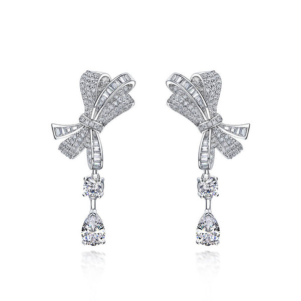 Pear Lab-Sapphire Bow Sterling Silver Drop Earrings - ReadYourHeart