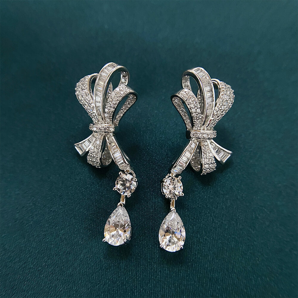 Pear Lab-Sapphire Bow Sterling Silver Drop Earrings - ReadYourHeart
