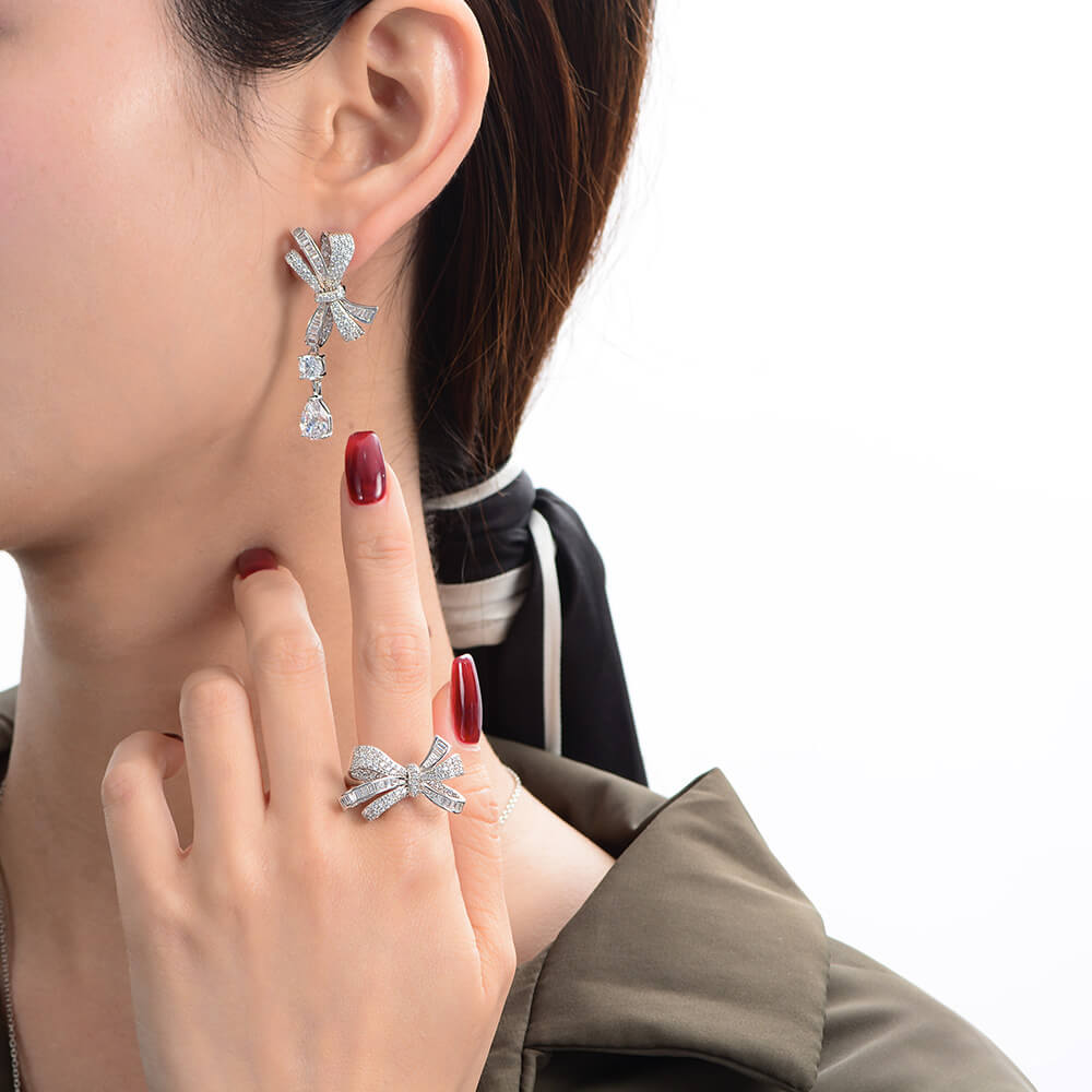 Pear Lab-Sapphire Bow Sterling Silver Drop Earrings - ReadYourHeart