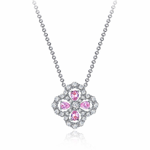 Pear Lab-Sapphire Four Leaf Clover Sterling Silver Necklace