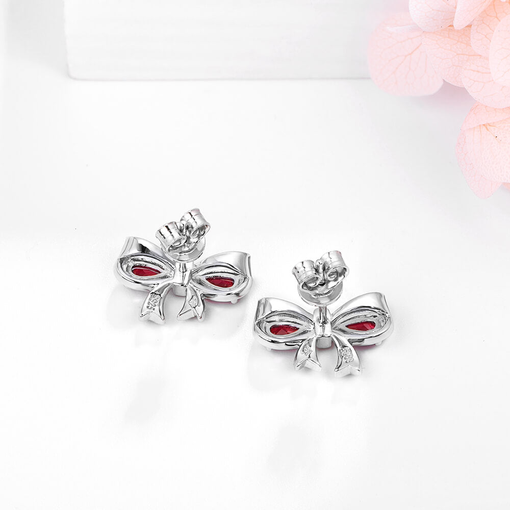 Pear Ruby Rosette Bow Sterling Silver Stud Earrings - ReadYourHeart