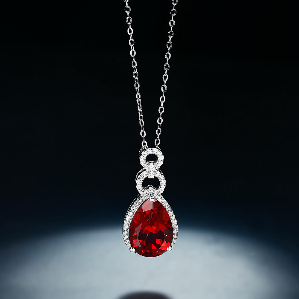 Pear Ruby Sterling Silver Halo Necklace Pendant - ReadYourHeart