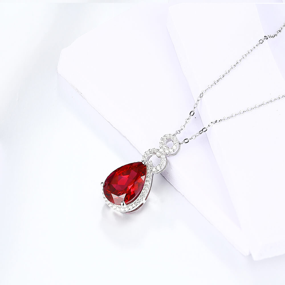 Pear Ruby Sterling Silver Halo Necklace Pendant - ReadYourHeart