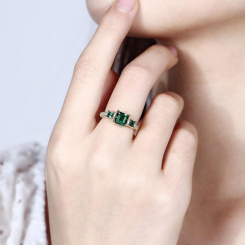 Princess Cut Lab Created Emerald Three Stone Luxury Sterling Silver Ring - ReadYourHeart,RRL-LTR19120306-EM
