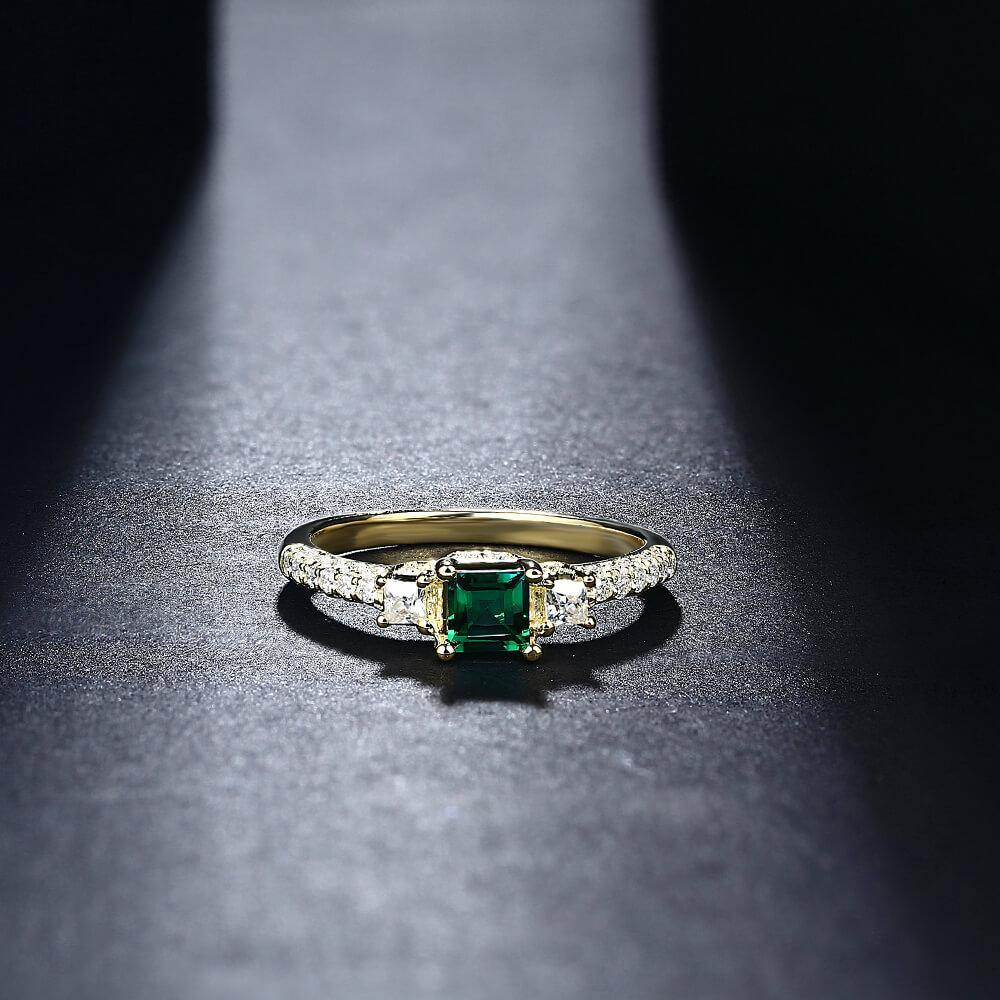 Princess Cut Lab Created Emerald Three Stone Luxury Sterling Silver Ring - ReadYourHeart