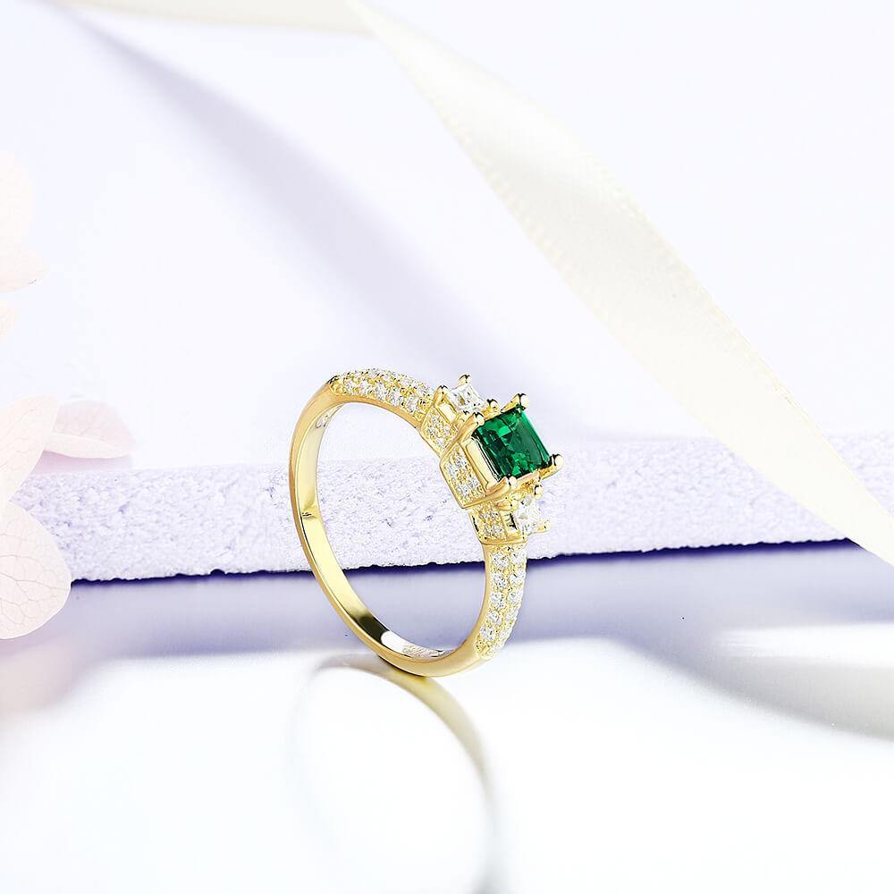 Princess Cut Lab Created Emerald Three Stone Luxury Sterling Silver Ring - ReadYourHeart