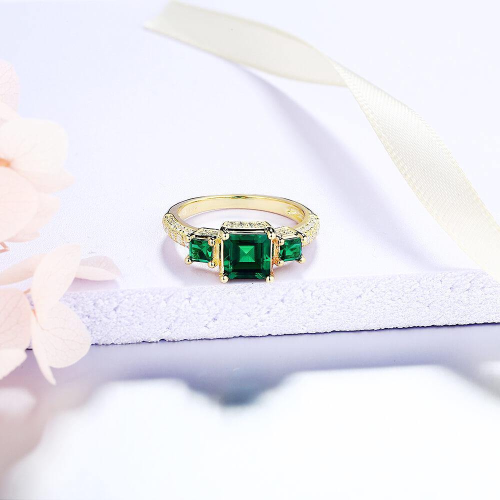 Princess Cut Lab Created Emerald Three Stone Luxury Sterling Silver Ring - ReadYourHeart