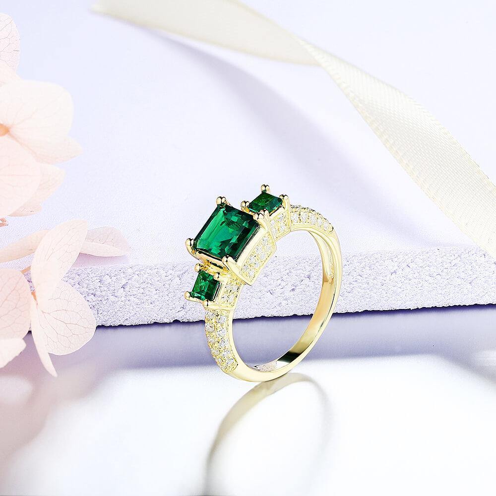 Princess Cut Lab Created Emerald Three Stone Luxury Sterling Silver Ring - ReadYourHeart