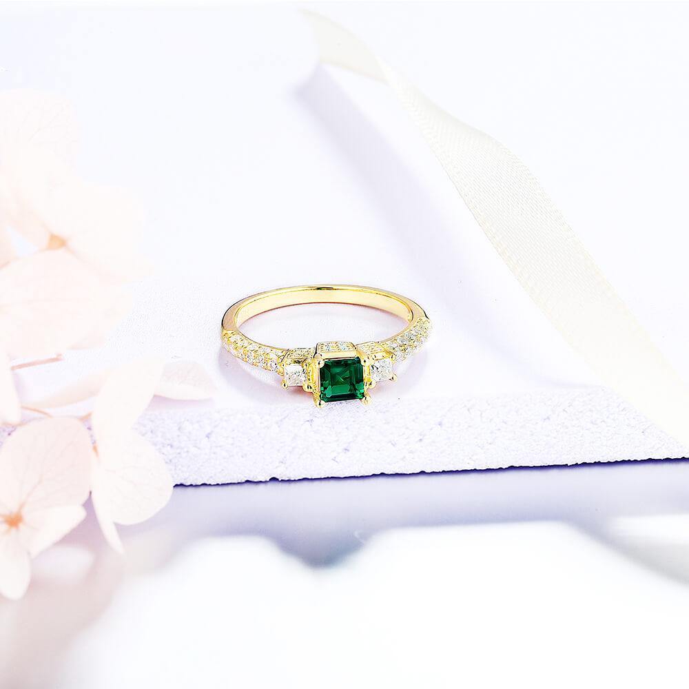 Princess Cut Lab Created Emerald Three Stone Luxury Sterling Silver Ring - ReadYourHeart