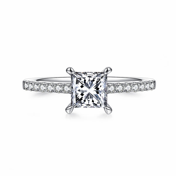 Princess Cut Moissanite Pave Engagement Ring In Sterling Silver