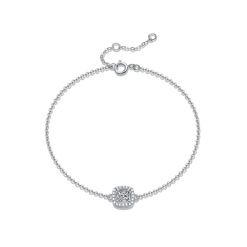 Princess Moissanite Halo Sterling Silver Bracelet - ReadYourHeart
