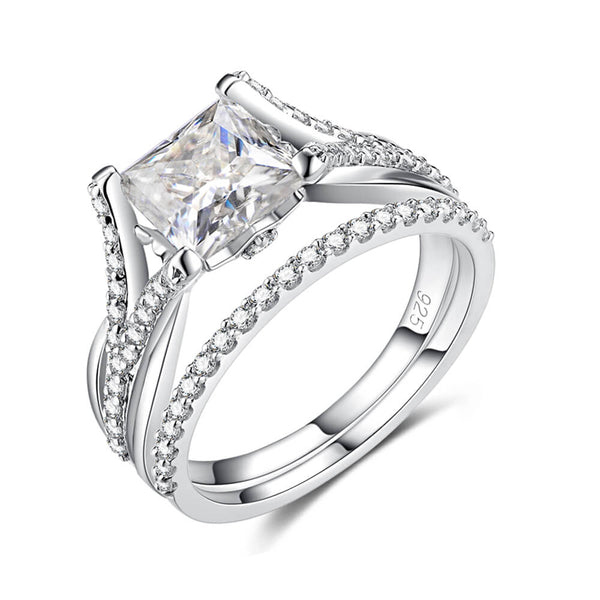 Princess Moissanite Split Shank Pave Bridal Engagement Ring Set - ReadYourHeart