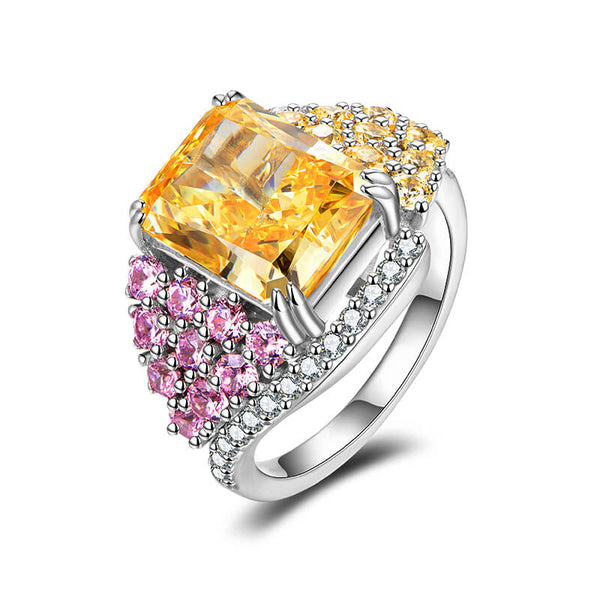 Radiant Cut Yellow Sapphire SideStone Sterling Silver Ring - ReadYourHeart