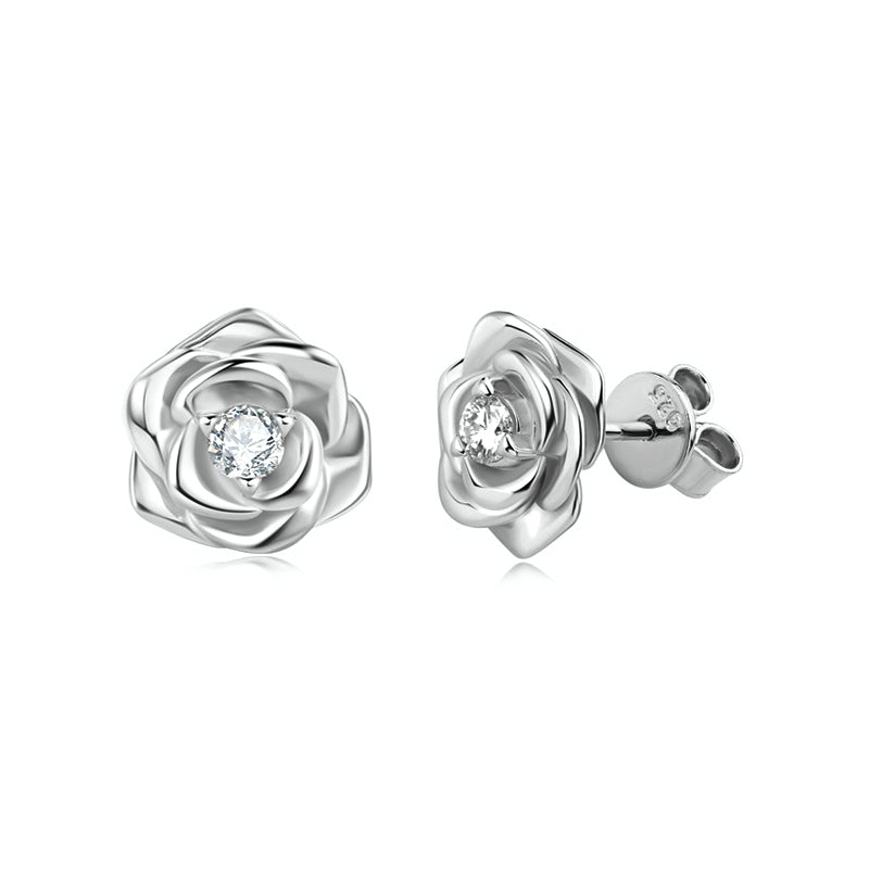 Rose Shaped Solitaire Moissanite Stud Earrings In Sterling Silver - ReadYourHeart