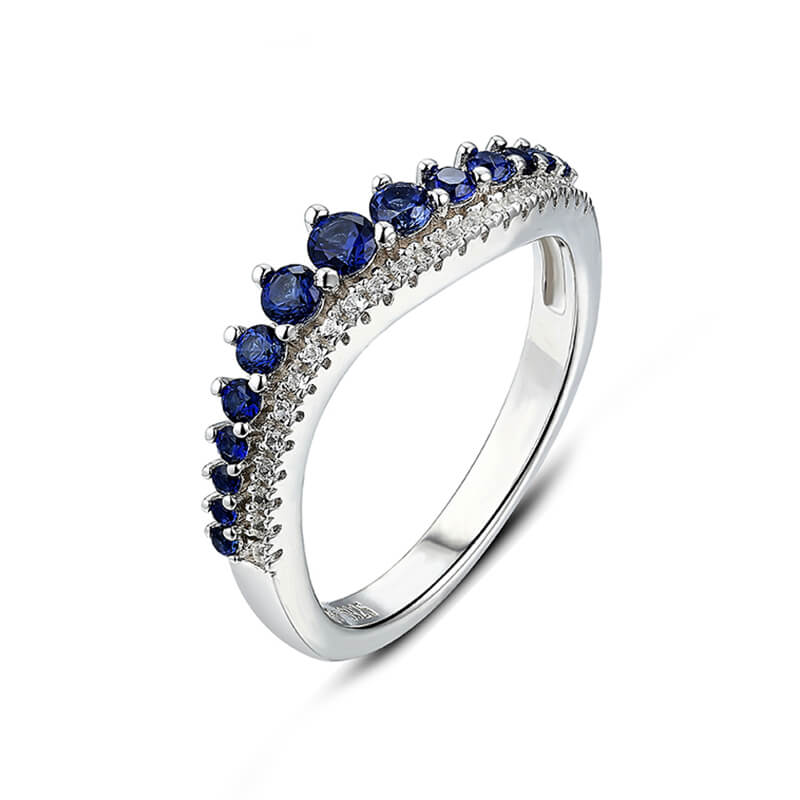 Round Created Sapphire Curved Sterling Silver Wedding Band Ring - ReadYourHeart
