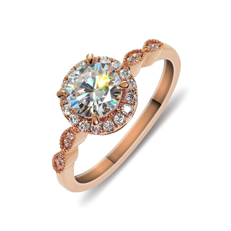 Halo Round Moissanite Side Stone Engagement Ring in 18K Rose Gold - ReadYourHeart