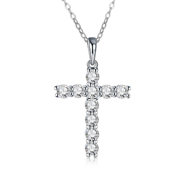 Round Moissanite Cross Pendant Necklace in Sterling Silver