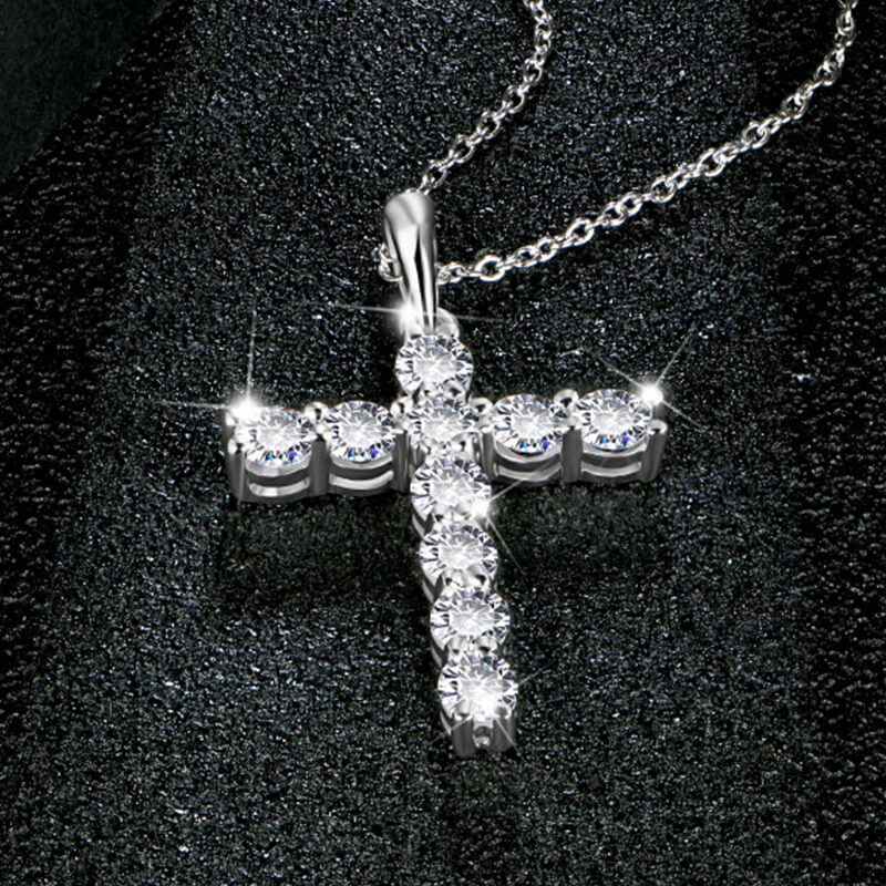 Round Moissanite Cross Pendant Necklace in Sterling Silver - ReadYourHeart