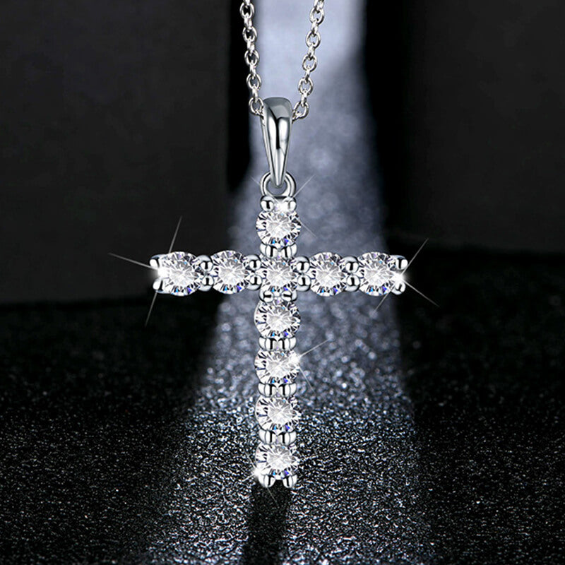 Round Moissanite Cross Pendant Necklace in Sterling Silver - ReadYourHeart