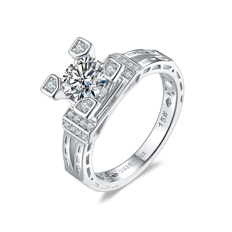 Round Moissanite Eiffel Tower Side Stone Sterling Silver Ring - ReadYourHeart