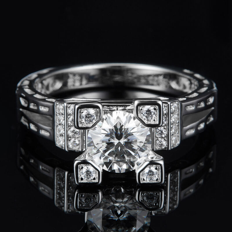 Round Moissanite Eiffel Tower Side Stone Sterling Silver Ring - ReadYourHeart