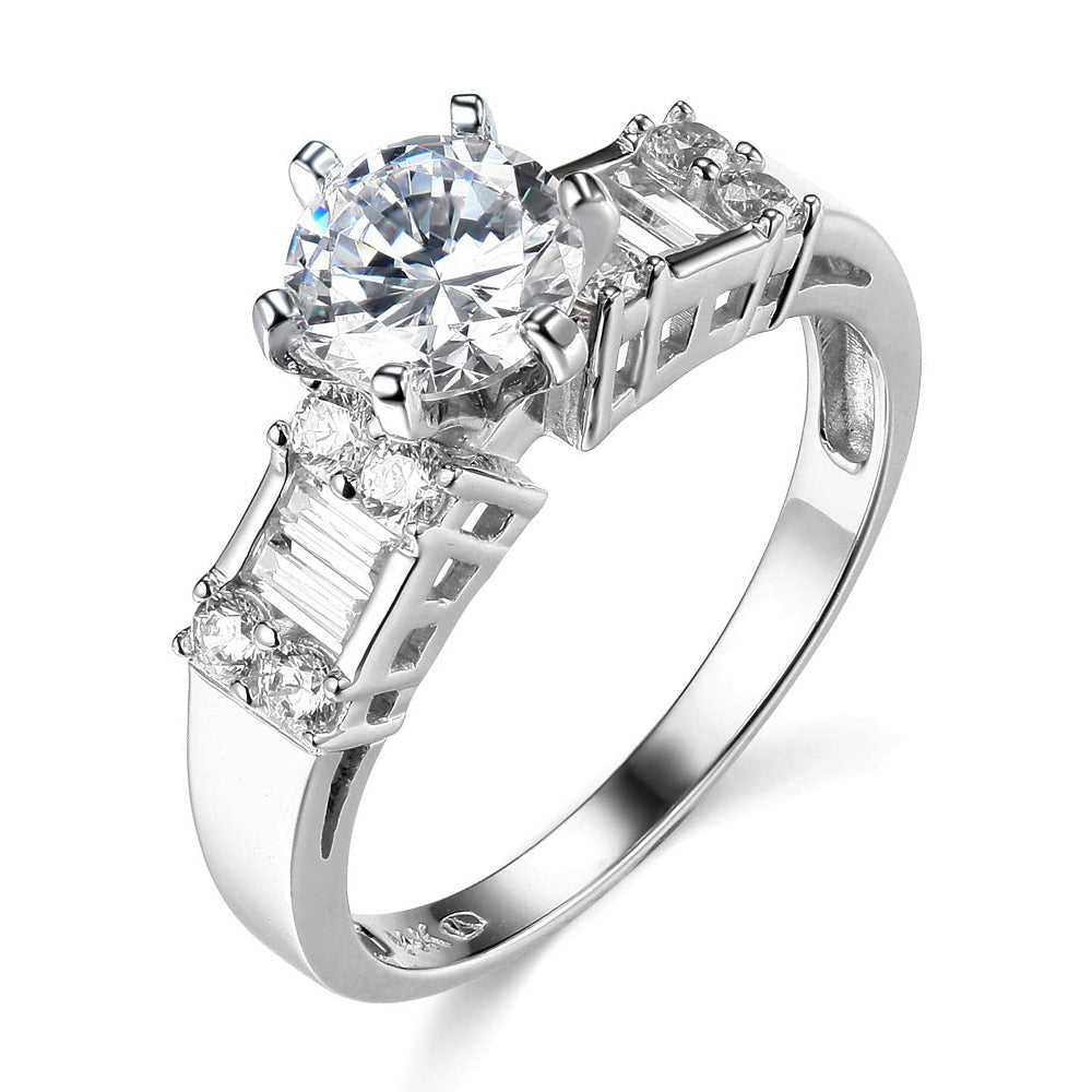 Round Moissanite Emerald-Cut Side Stone Engagement Ring - ReadYourHeart