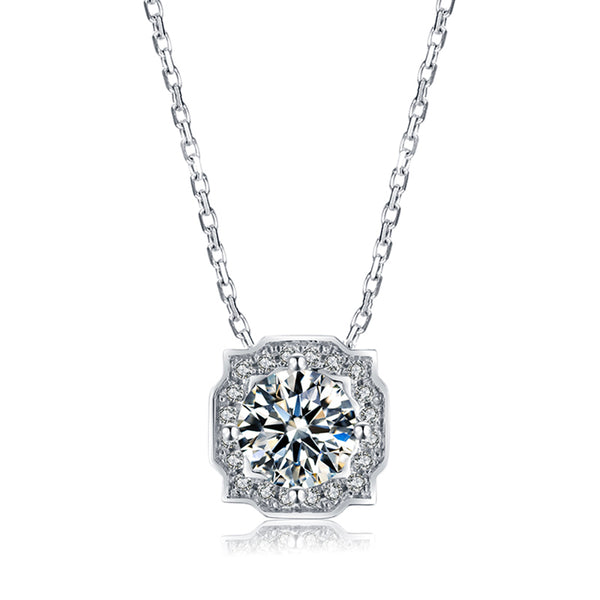 Round Moissanite Halo Bezel Sterling Silver Necklace - ReadYourHeart