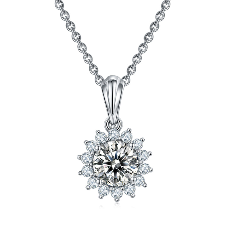 Round Moissanite Halo Sunflower Sterling Silver Necklace - ReadYourHeart