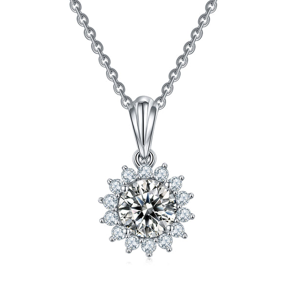 Round Moissanite Halo Sunflower Sterling Silver Necklace