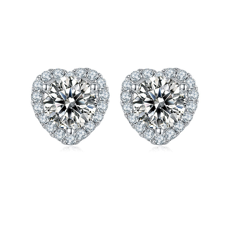 Round Moissanite Heart-Shaped Halo Sterling Silver Stud Earrings - ReadYourHeart