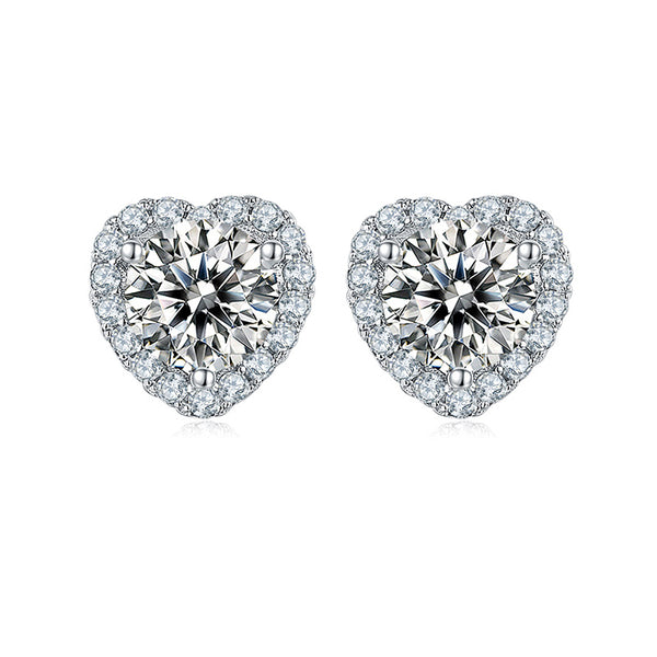 Round Moissanite Heart-Shaped Halo Sterling Silver Stud Earrings