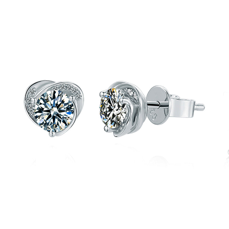 Round Moissanite Heart-Shape SideStone Sterling Silver Stud Earrings - ReadYourHeart