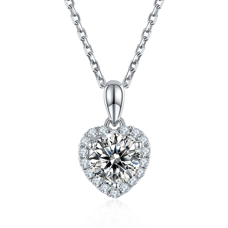 Round Moissanite Heart-Shaped Halo Sterling Silver Necklace - ReadYourHeart