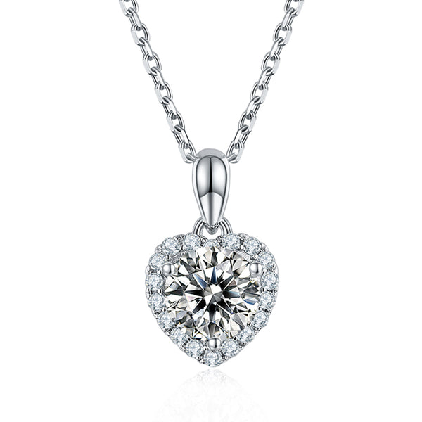 Round Moissanite Heart-Shaped Halo Sterling Silver Necklace