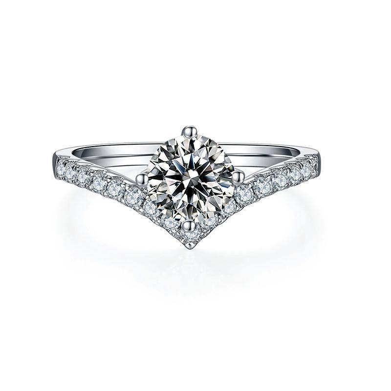 Round Moissanite Princess Crown Four Prongs Sterling Silver Wedding Ring - ReadYourHeart,RRL-10014