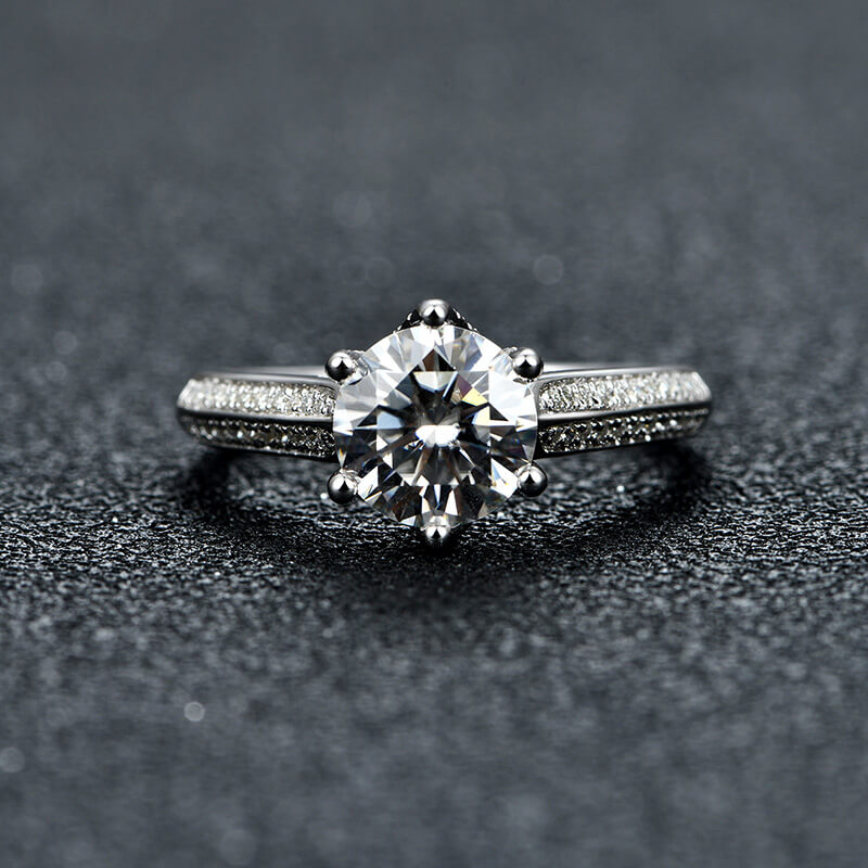 Round Moissanite Side Stone Pave Sterling Silver Engagement Ring - ReadYourHeart