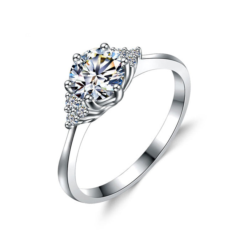 Round Moissanite Side Stone Sterling Silver Engagement Ring - ReadYourHeart