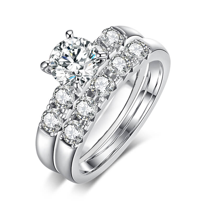 Round Moissanite Sidestone Bridal Engagement Ring Set - ReadYourHeart
