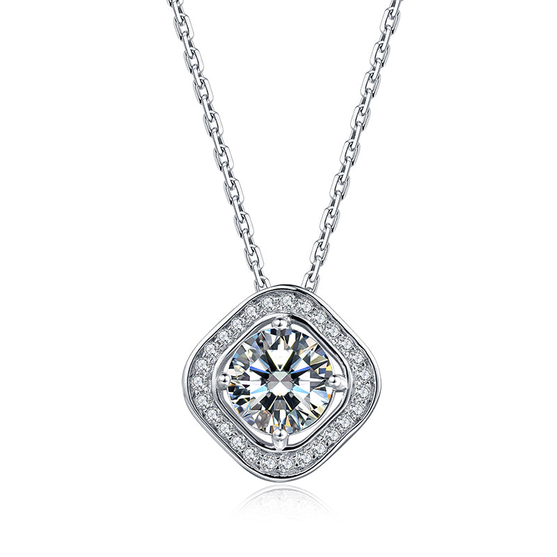 Round Moissanite Square Halo Sterling Silver Necklace - ReadYourHeart