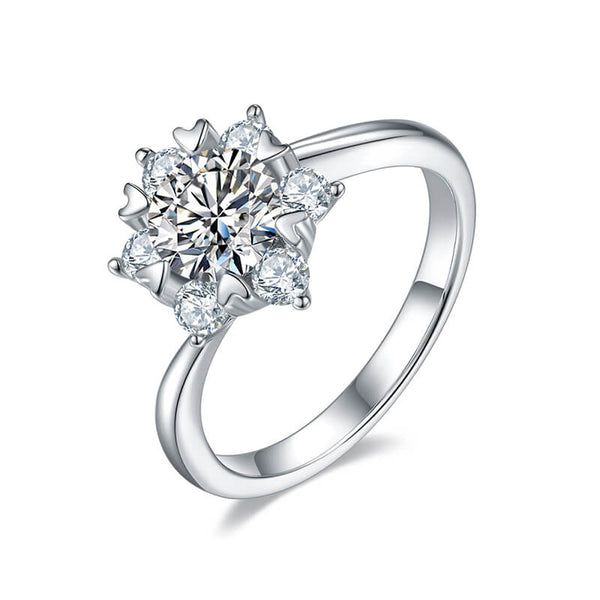 Round Moissanite Starflower Side Stone Sterling Silver Ring - ReadYourHeart