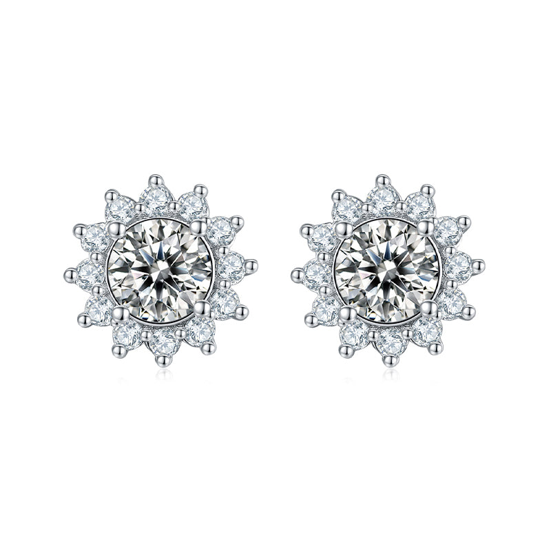 Round Moissanite Halo Sunflower Sterling Silver Stud Earrings - ReadYourHeart