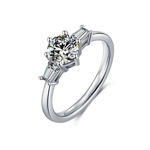 Round Moissanite three stone six prong sterling silver wedding ring - ReadYourHeart