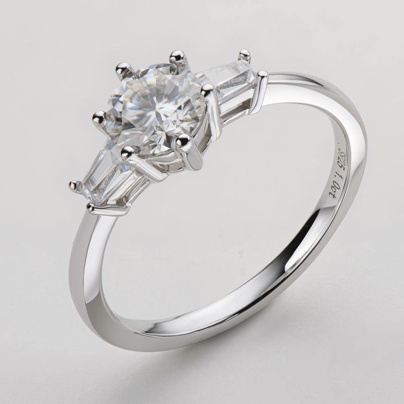 Round Moissanite three stone six prong sterling silver wedding ring - ReadYourHeart,RRW-M34A