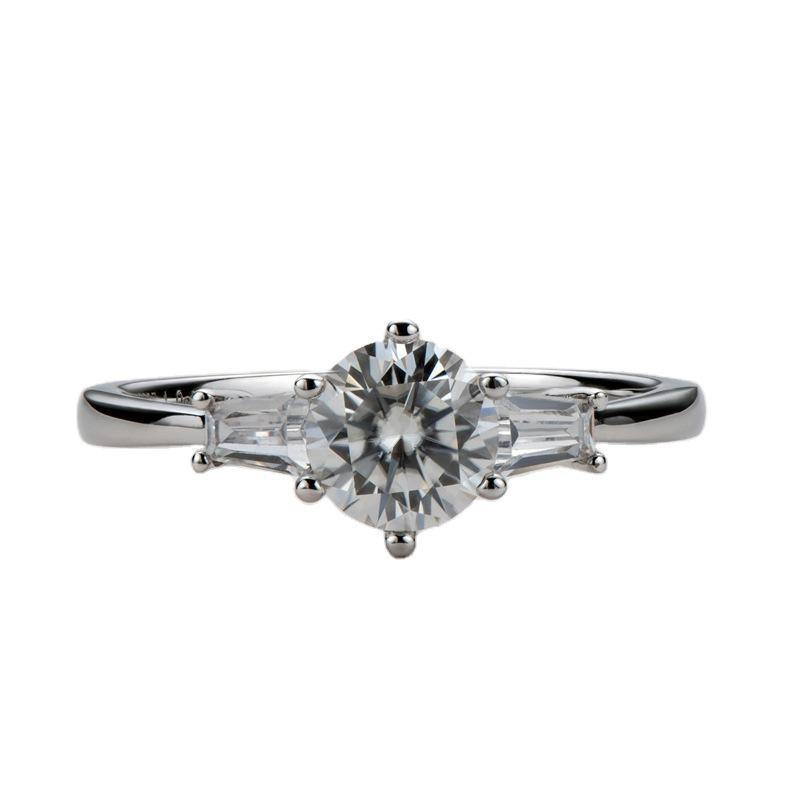 Round Moissanite three stone six prong sterling silver wedding ring - ReadYourHeart