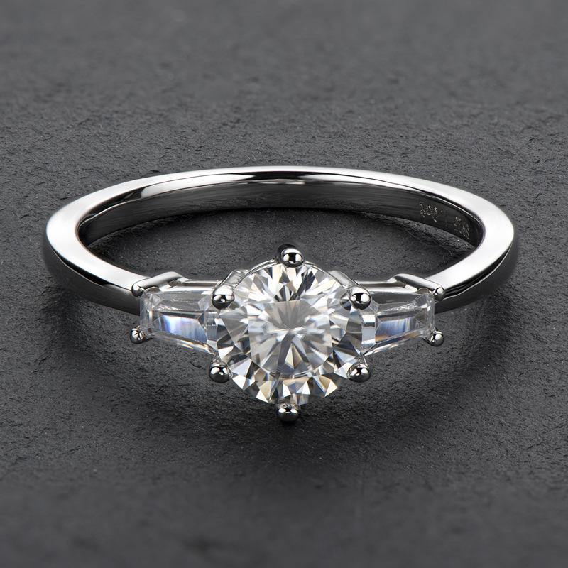 Round Moissanite three stone six prong sterling silver wedding ring - ReadYourHeart,RRW-M34A
